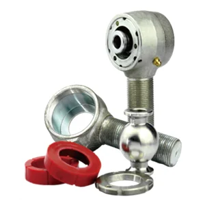 Exploded view of a rebuildable heim joint showing separated components including housing, spherical bearing, liner, snap ring, and dust shield